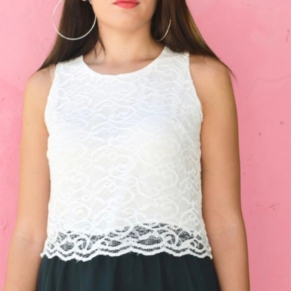 ELLE Floral Lace Sleeveless Zip Back Top‎ Women M White